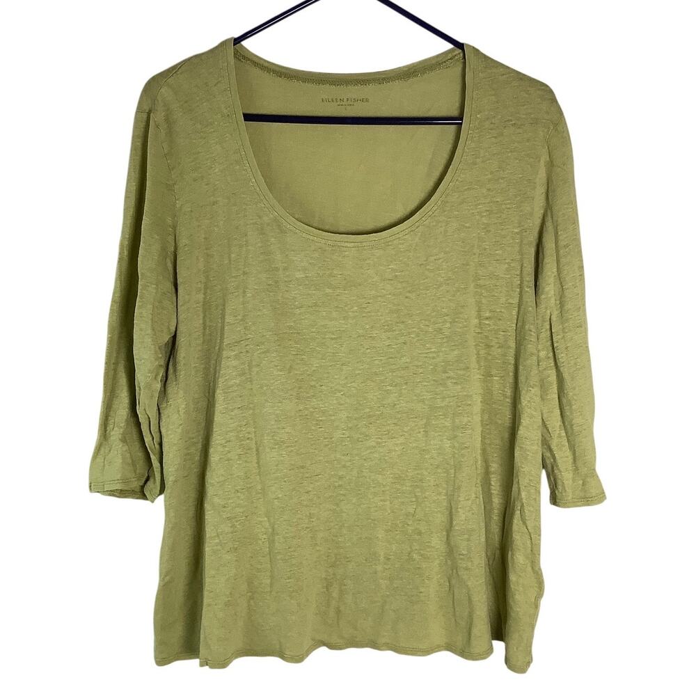Eileen Fisher Women's L Green Linen 3/4 Sleeve Tunic Top Lagenlook Boho B17-12